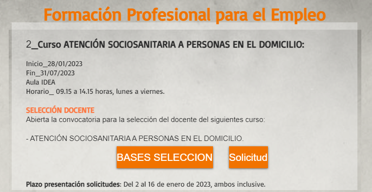 Convocatòria per a la selecció del docent del curs de: ATENCIÓ SOCIOSANITÀRIA A PERSONES EN EL DOMICILI