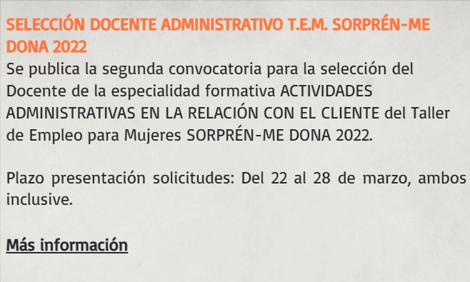 SELECCIÓ DOCENT ADMINISTRATIU T.E.M. SORPRÉN-ME DONA 2022