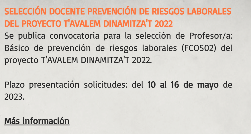 Convocatòria per a la selecció de Professor/a: Bàsic de prevenció de riscos laborals