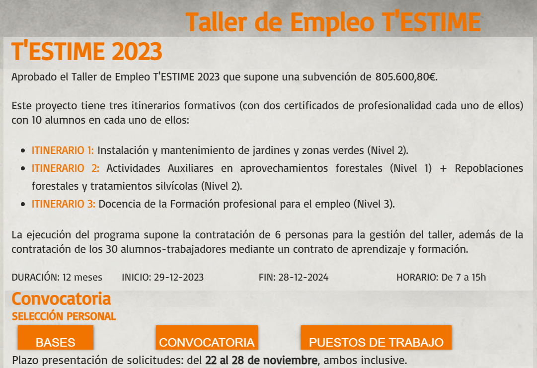Convocatòria per a la selecció de personal del Taller ocupació T'ESTIME 23 i T'ESTIME MURTA 23