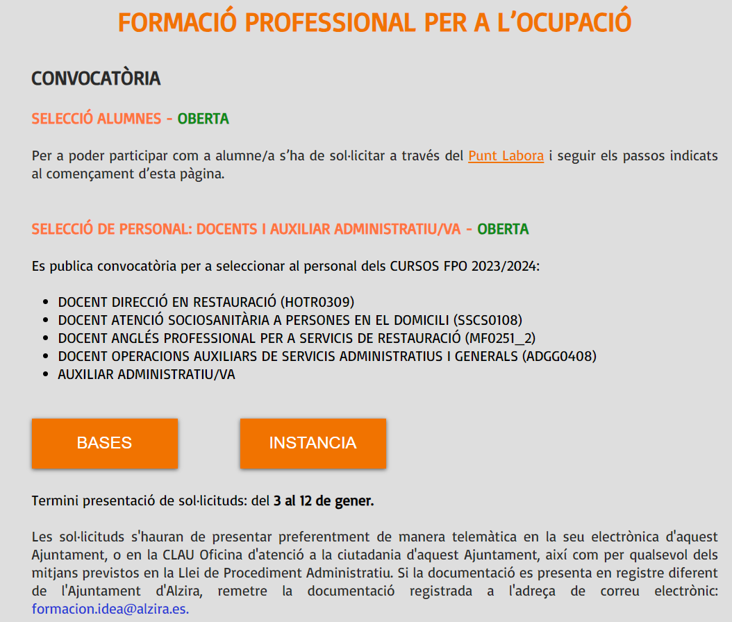 Convocatòria per a seleccionar a els/as docents i auxiliar administratiu/a dels nous cursos de Formació Professional per a Aturats 2023/2024