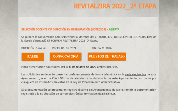Convocatòria per a seleccionar al docent del CP HOTR0309_DIRECCIÓ EN RESTAURACIÓ