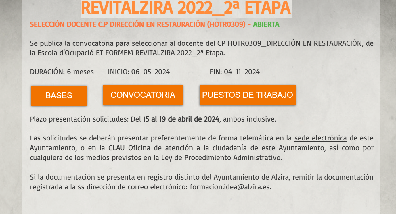 Convocatòria per a seleccionar al docent del CP HOTR0309_DIRECCIÓ EN RESTAURACIÓ