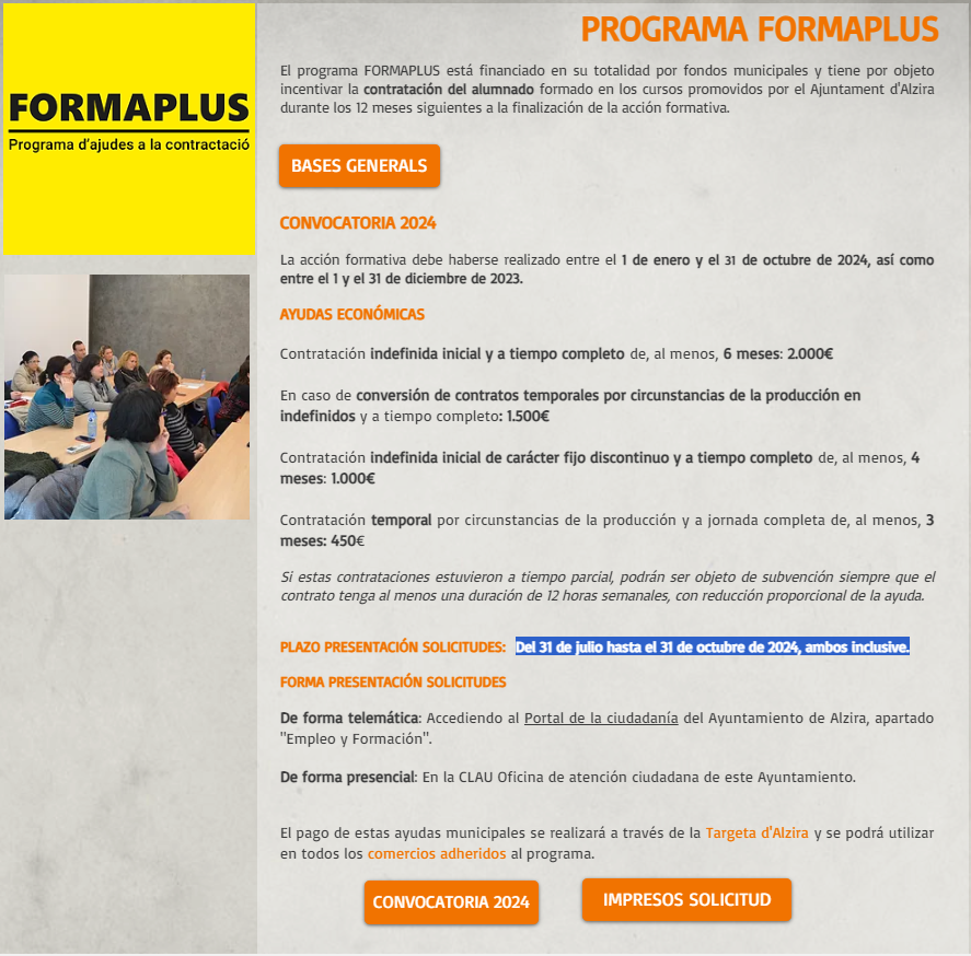 Convocatòria PROGRAMA FORMAPLUS. Del 31 de juliol fins al 31 d'octubre de 2024, tots dos inclusivament.