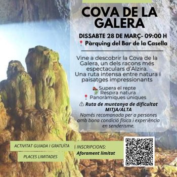 Descobreix un dels racons naturals més espectaculars amb aquesta ruta de muntanya fins a la Cova de la Galera, amb panoràmiques impressionants de la vall de la Casella. ⚠ Dificultat MITJANA/ALTA Recomanada per a persones amb bona condició física. 📍 Pàrquing del Bar de la Casella 🕘 09.00 h 🗣 Ruta en valencià 🎟 Activitat gratuïta · Places limitades Inscripcions 👇 https://docs.google.com/.../1SNFxIdIpYd32Ptla.../viewform... Ajuntament d'Alzira Associació Mediambiental Murta i Casella