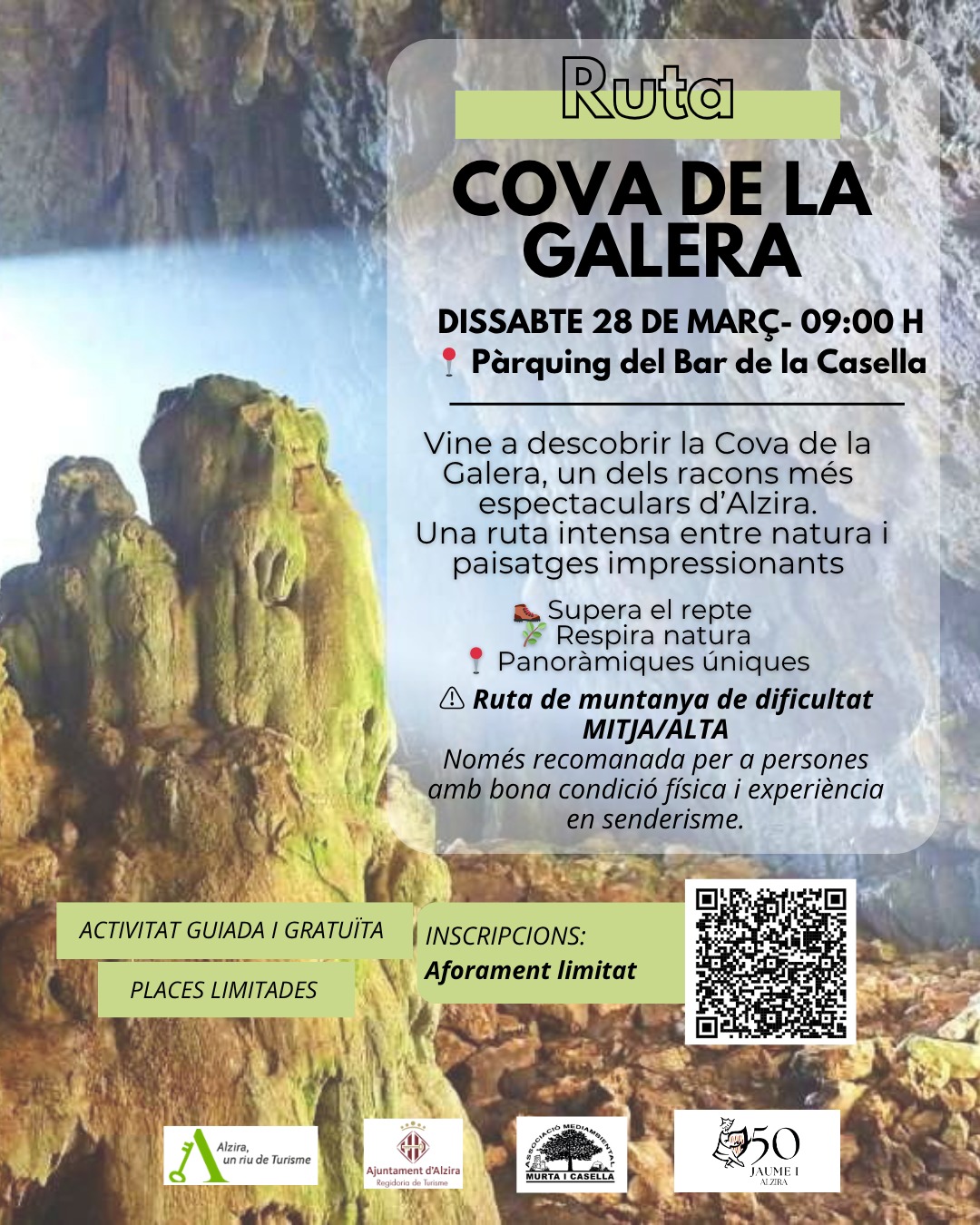 Descobreix un dels racons naturals més espectaculars amb aquesta ruta de muntanya fins a la Cova de la Galera, amb panoràmiques impressionants de la vall de la Casella. ⚠ Dificultat MITJANA/ALTA Recomanada per a persones amb bona condició física. 📍 Pàrquing del Bar de la Casella 🕘 09.00 h 🗣 Ruta en valencià 🎟 Activitat gratuïta · Places limitades Inscripcions 👇 https://docs.google.com/.../1SNFxIdIpYd32Ptla.../viewform... Ajuntament d'Alzira Associació Mediambiental Murta i Casella